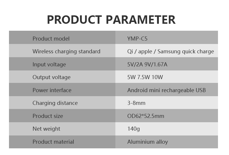 YMP-C5 wireless charger product parameter