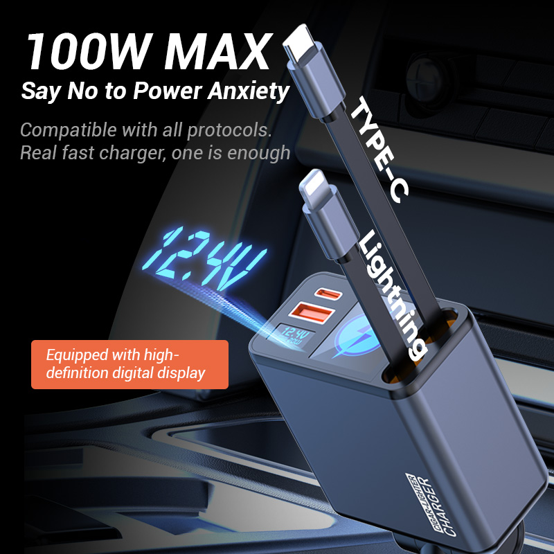 100W Triple-Port Retractable Car Charger w/ Voltage Display - 90cm Auto-Retract Cables, Fast Charge 3 Devices Simultaneously