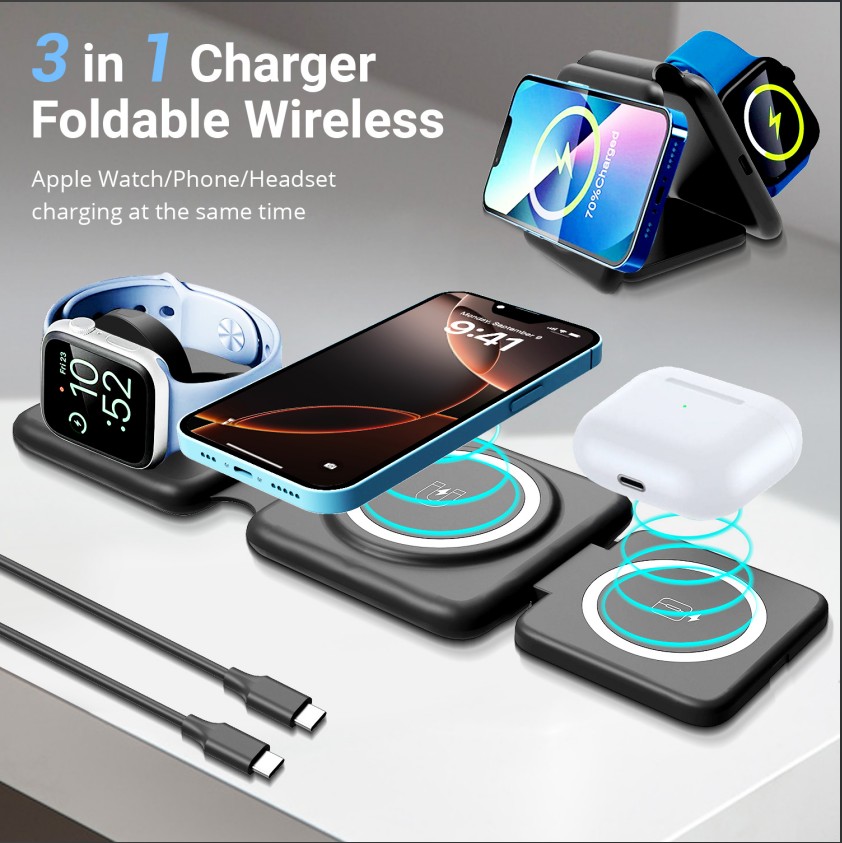 Foldable 3-in-1 Magnetic Charger: Auto-Align Wireless for Apple Watch/Phone/AirPods